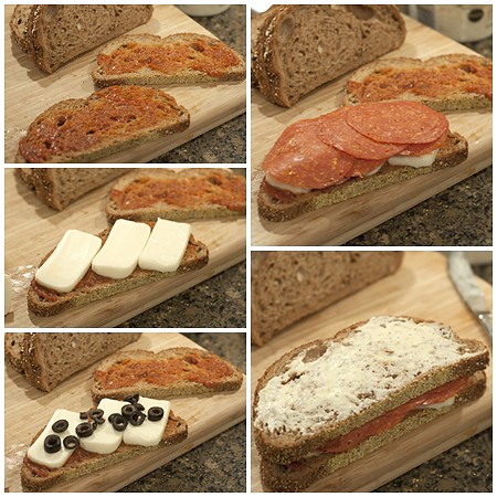 Photo collage showing the assembly of the sandwich.