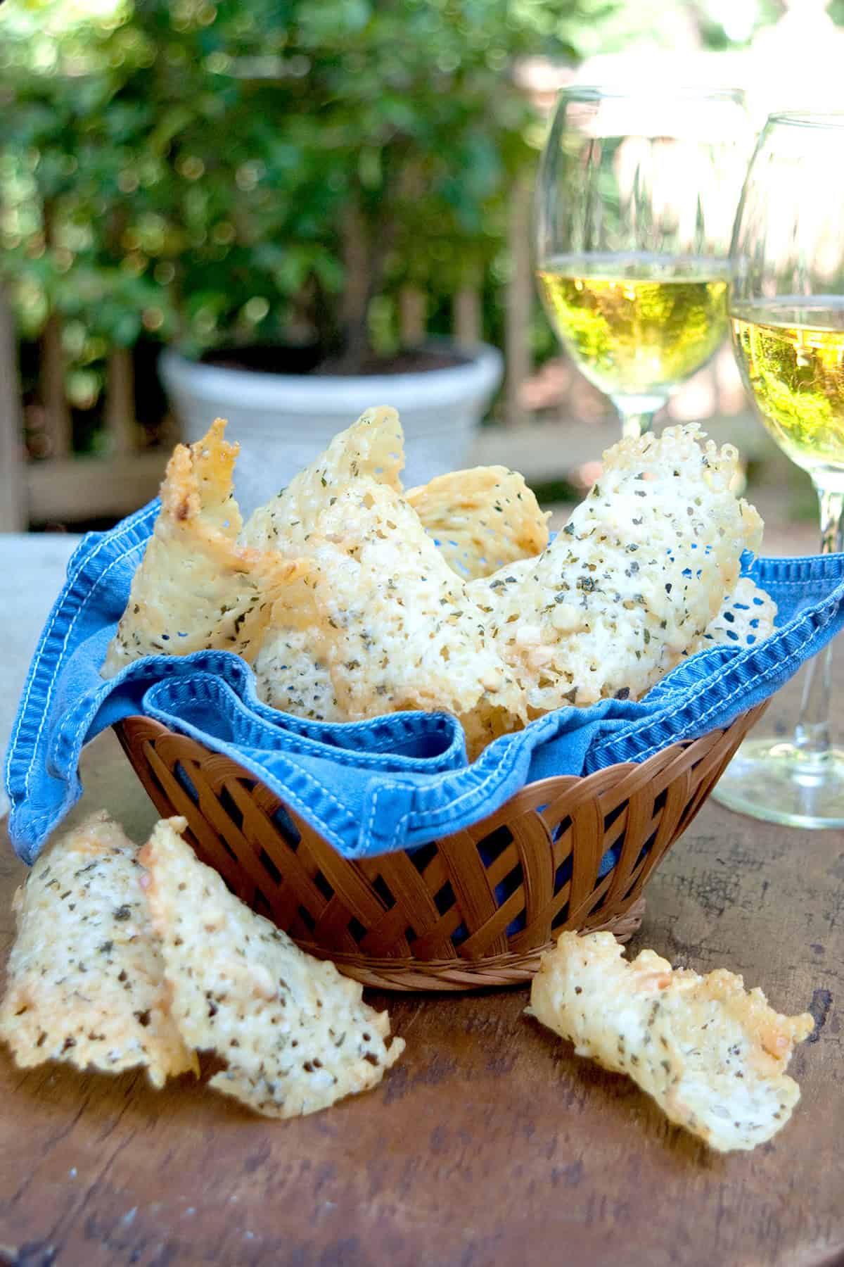 A basket filled with cheese crisps.