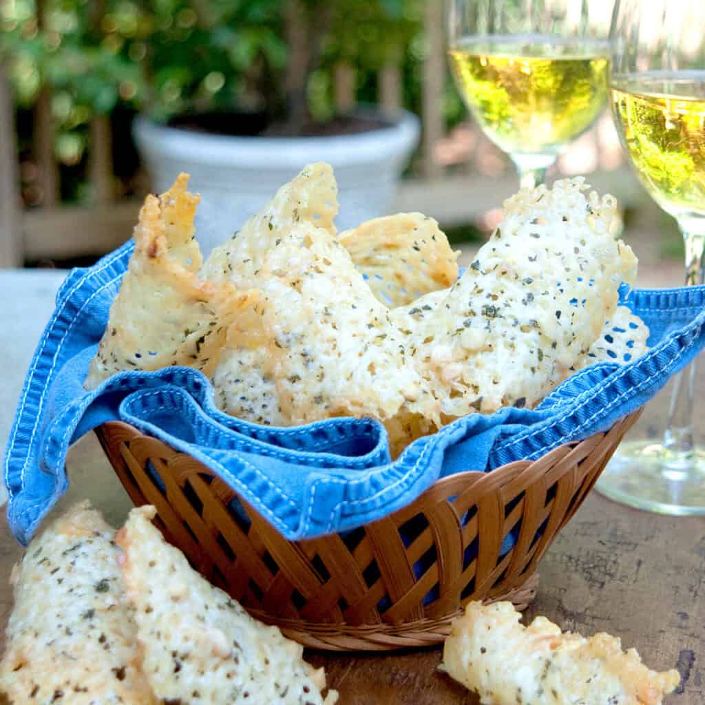A basket filled with cheese crisps.