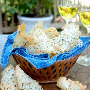 A basket filled with cheese crisps.