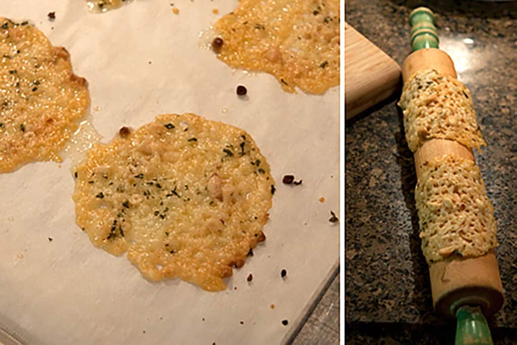 Golden frico flat on the pan and draped on a pin.