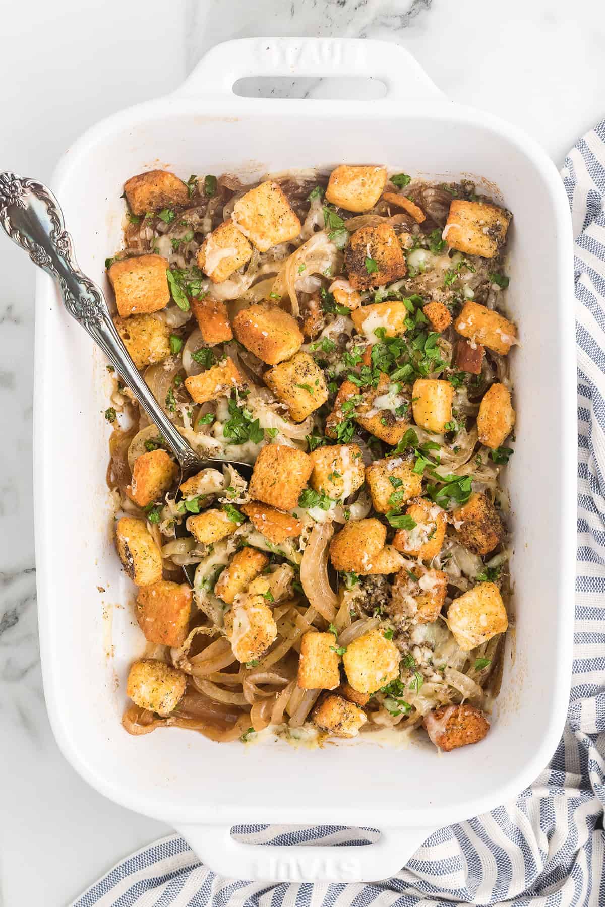 Finished gratin in a baking dish.