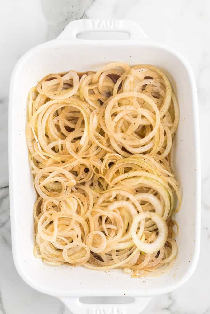 Onions coated with Worcestershire, oil, salt, and pepper.