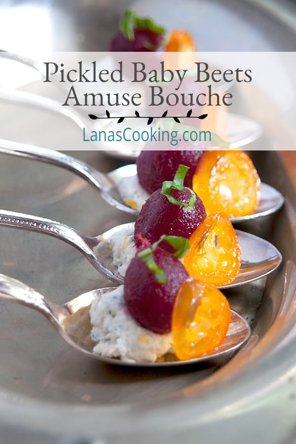 This amuse bouche featuring Pickled Baby Beets with herbed goat cheese and candied kumquats is an elegant starter for a dinner party. https://www.lanascooking.com/pickled-baby-beets-with-herbed-goat-cheese-and-kumquats/