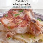 Pork Chops with Potatoes - a very old French recipe for slow cooked pork chops, onions, and potatoes. Melt in your mouth delicious! https://www.lanascooking.com/pork-chops-with-potatoes/