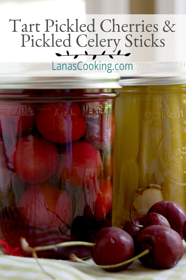 Tart Pickled Cherries and Pickled Celery Sticks - two unusual homemade pickles to accompany drinks, antipasto, or charcuterie. https://www.lanascooking.com/tart-pickled-cherries-and-pickled-celery-sticks/