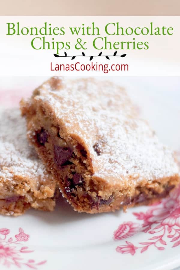 Classic blondies with the addition of chocolate chips and sweet, tart dried cherries. A sweet treat for after school, after work, or after dinner.  https://www.lanascooking.com/blondies-with-chocolate-chips-and-cherries/