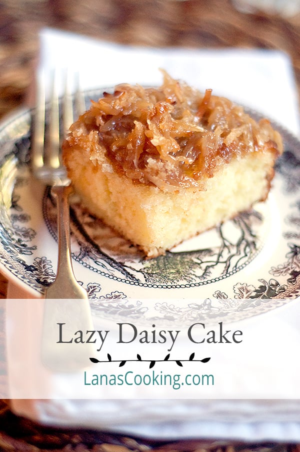 A serving of lazy daisy cake on a vintage plate.