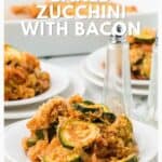 Plated baked zucchini with bacon, topped with crumbs, in front of a casserole dish and pepper shaker.