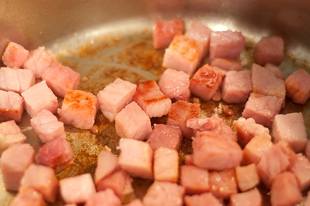 Brown ham cubes for black bean and ham soup