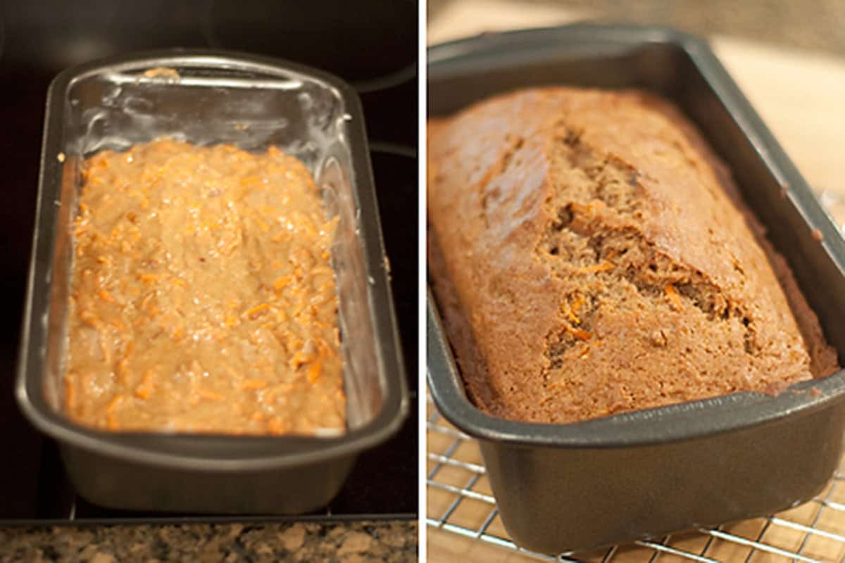 A side-by-side view of a loaf pan containing raw batter and the finished baked loaf.