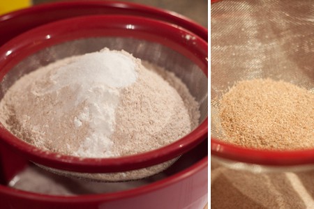 Sifting dry ingredients for Carrot-Pecan Quick Bread Flour, baking powder, baking soda, cinnamon, and salt in a sifter.