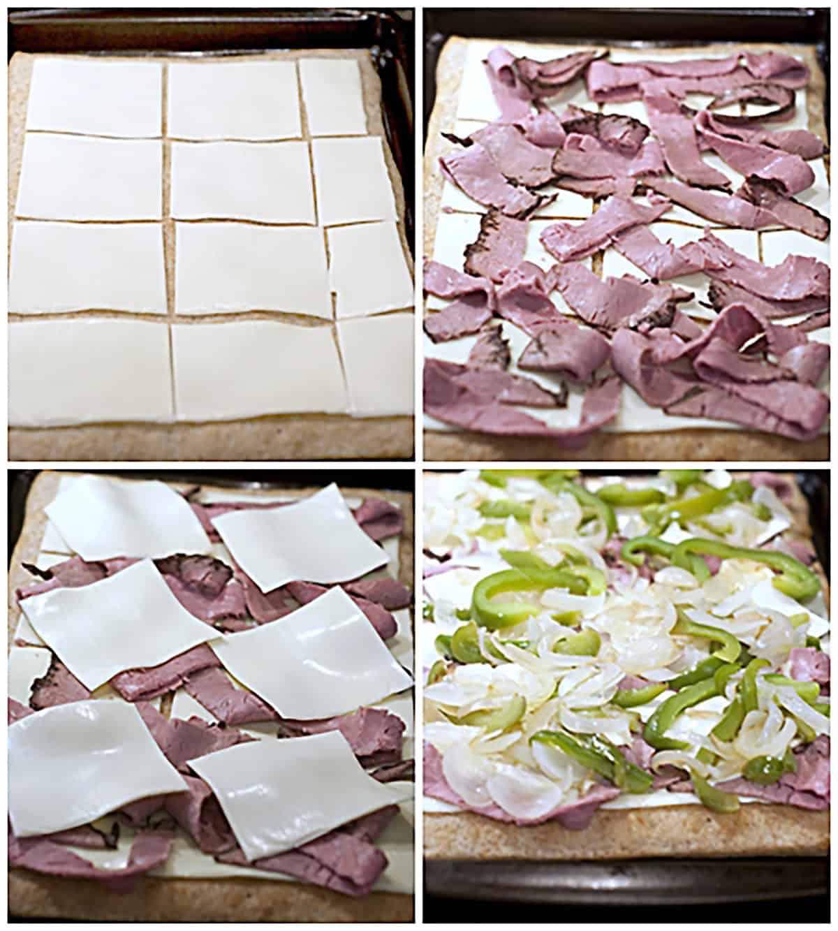 Four-step collage process showing a flatbread being layered with cheese slices, roast beef, more cheese, and sautéed green peppers and onions.