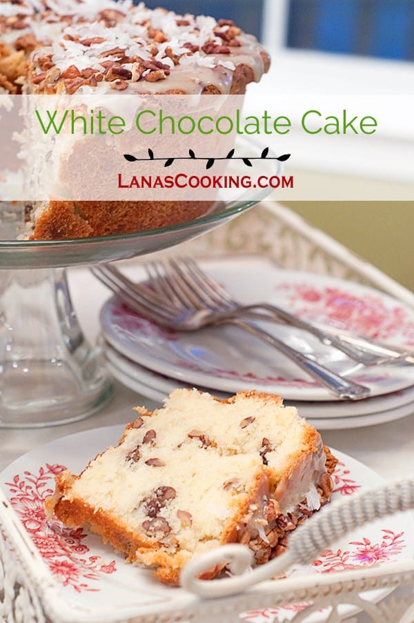 This White Chocolate Cake is a delicious, decadent, comfort food cake rich with butter and full of white chocolate, pecans, and coconut. https://www.lanascooking.com/white-chocolate-cake