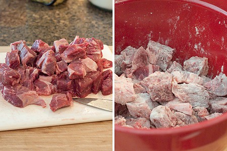Left: Beef cut into 1-inch pieces on a cutting board; Right: Beef chunks coated with flour in a mixing bowl