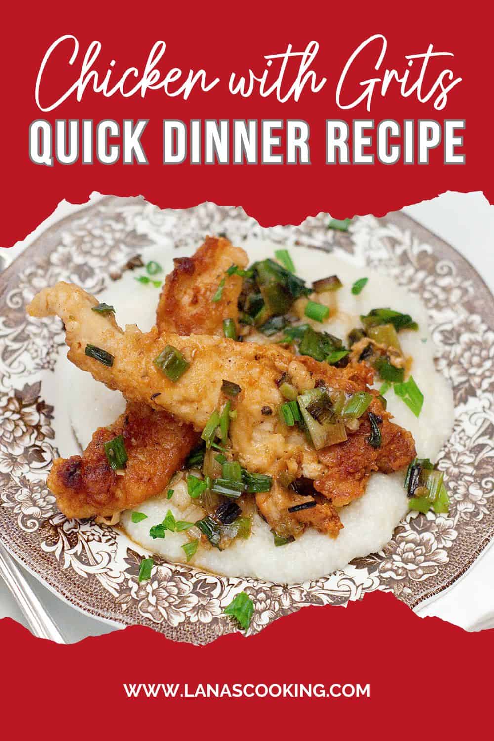 A serving of chicken with grits on a decorative plate.