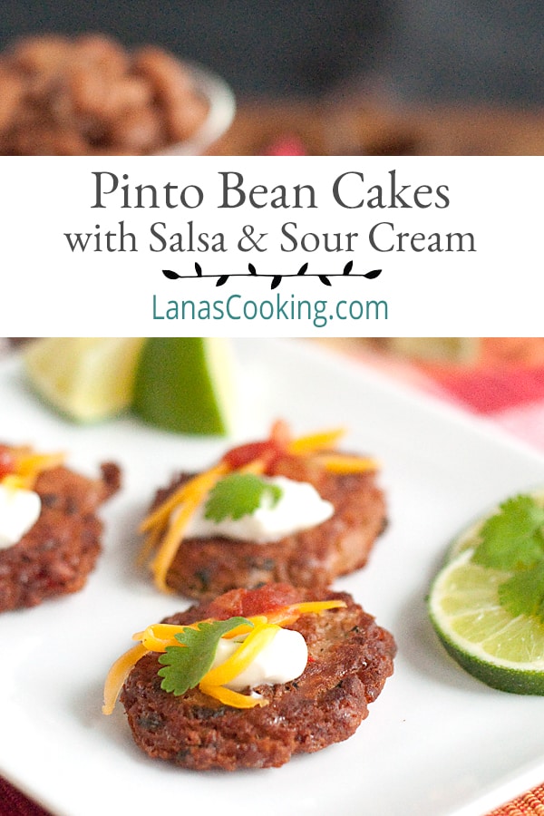 Convenient, thrifty, and nutritious dried beans are used to create these pinto bean cakes for a southwest themed appetizer perfect for a tailgate party. https://www.lanascooking.com/pinto-bean-cakes-with-salsa-and-sour-cream/