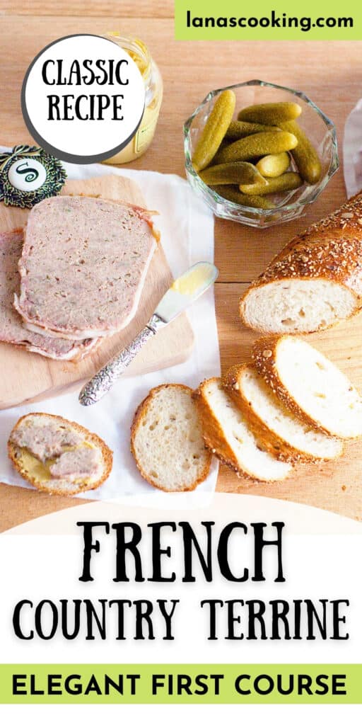 Sliced French country terrine on a serving board with sliced baguette, cornichons, and mustard.