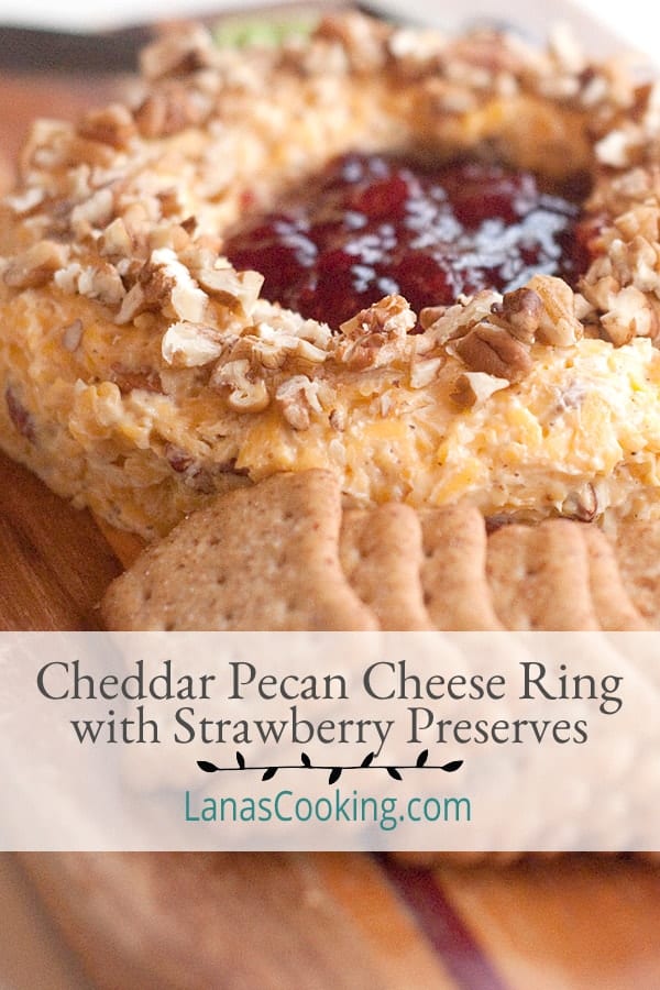 Cheddar Pecan Cheese Ring with Strawberry Preserves - a vintage cheese ring recipe attributed to first lady Rosalynn Carter. Good for any get together! https://www.lanascooking.com/cheddar-pecan-cheese-ring-with-strawberry-preserves/