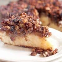 This apple pecan coffee cake has a moist, buttery cake layer topped with apple slices and a crunchy pecan and brown sugar crumble. https://www.lanascooking.com/apple-pecan-coffee-cake