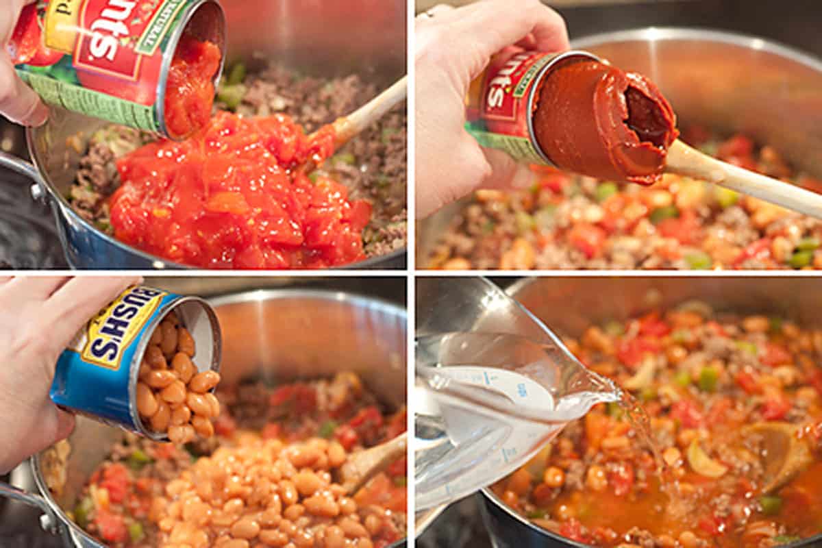 Add tomatoes, beans, water to the skillet.