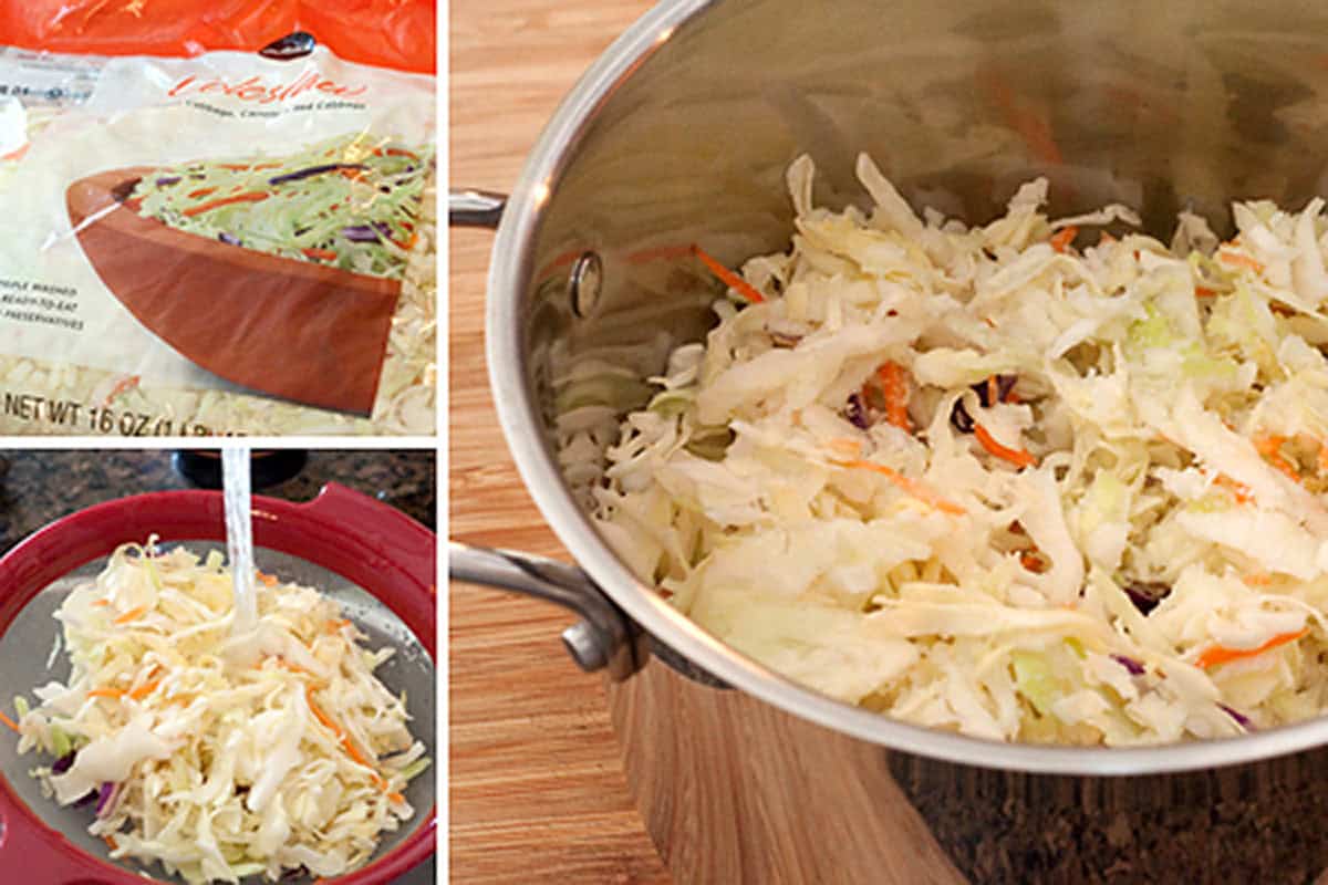 Bagged coleslaw mix is shown being drained and then placed in a metal pot, ready for cooking.