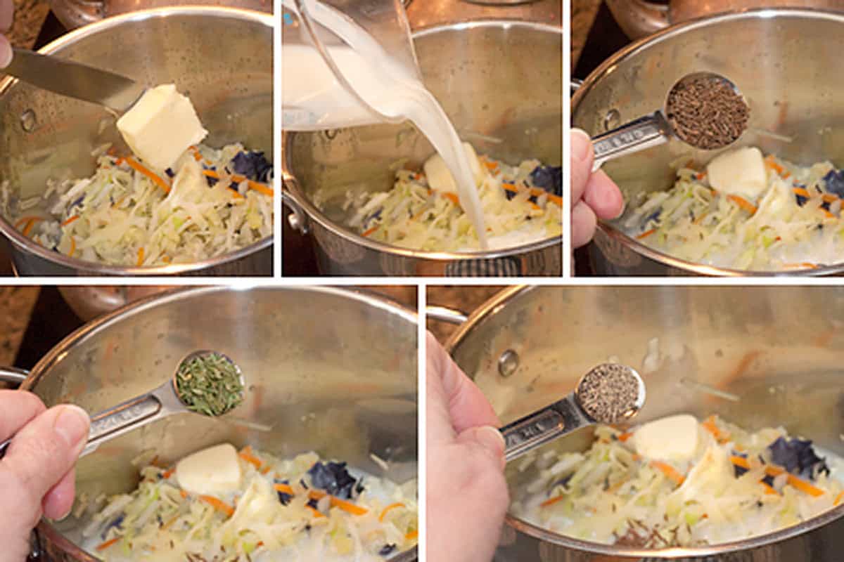 Step-by-step images of adding butter, milk, and spices to a pot with shredded vegetables.