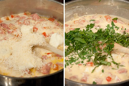 Adding parm, basil and parsley to the skillet.