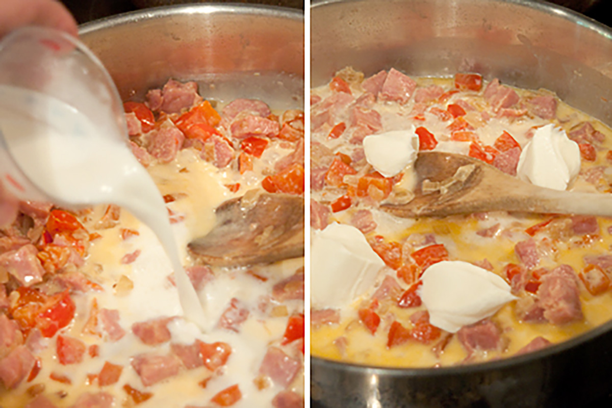 A pan with diced ham and red bell peppers is shown; milk is being poured in on the left, and dollops of sour cream are being added on the right.
