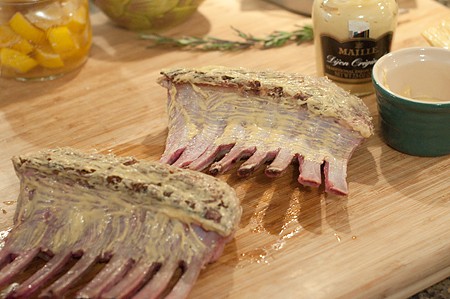 Seared racks brushed with Dijon mustard.