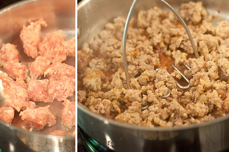 Browning sausage in a skillet.