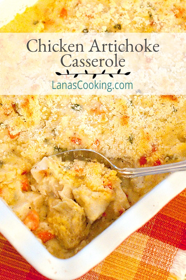 This Chicken Artichoke Casserole combines cooked chicken with veggies, rice, and cheese for a delicious one-dish supper. https://www.lanascooking.com/chicken-artichoke-casserole/