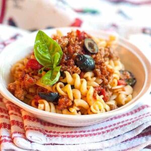 Italian Sausage and Rotini in a serving bowl.