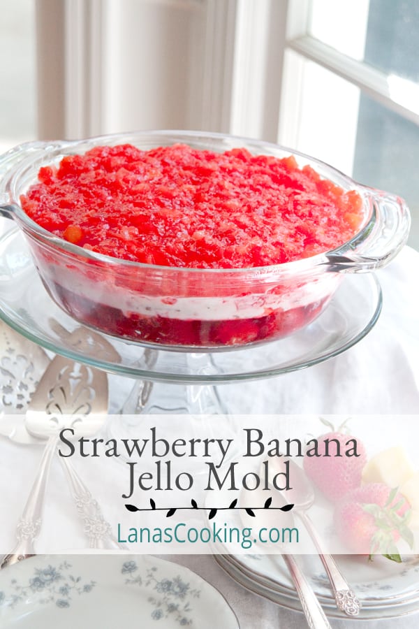 This Strawberry Banana Jello Mold is a refreshing summer-y jello salad with strawberries, bananas, and pineapple. https://www.lanascooking.com/strawberry-banana-jello-mold/