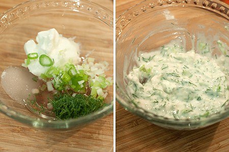 Mixing the sour cream dressing for the recipe.