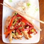 Cashew Chicken and Red Pepper Stir Fry - a quick cashew chicken stir fry that goes from prep to your table in under 30 minutes. https://www.lanascooking.com/cashew-chicken-stir-fry-with-red-peppers/