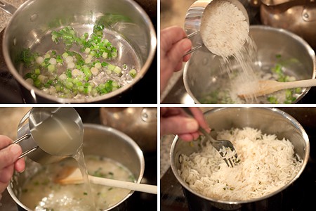 Photo collage showing steps for making cilantro rice.