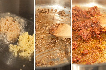 Cooking the spices in a skillet.