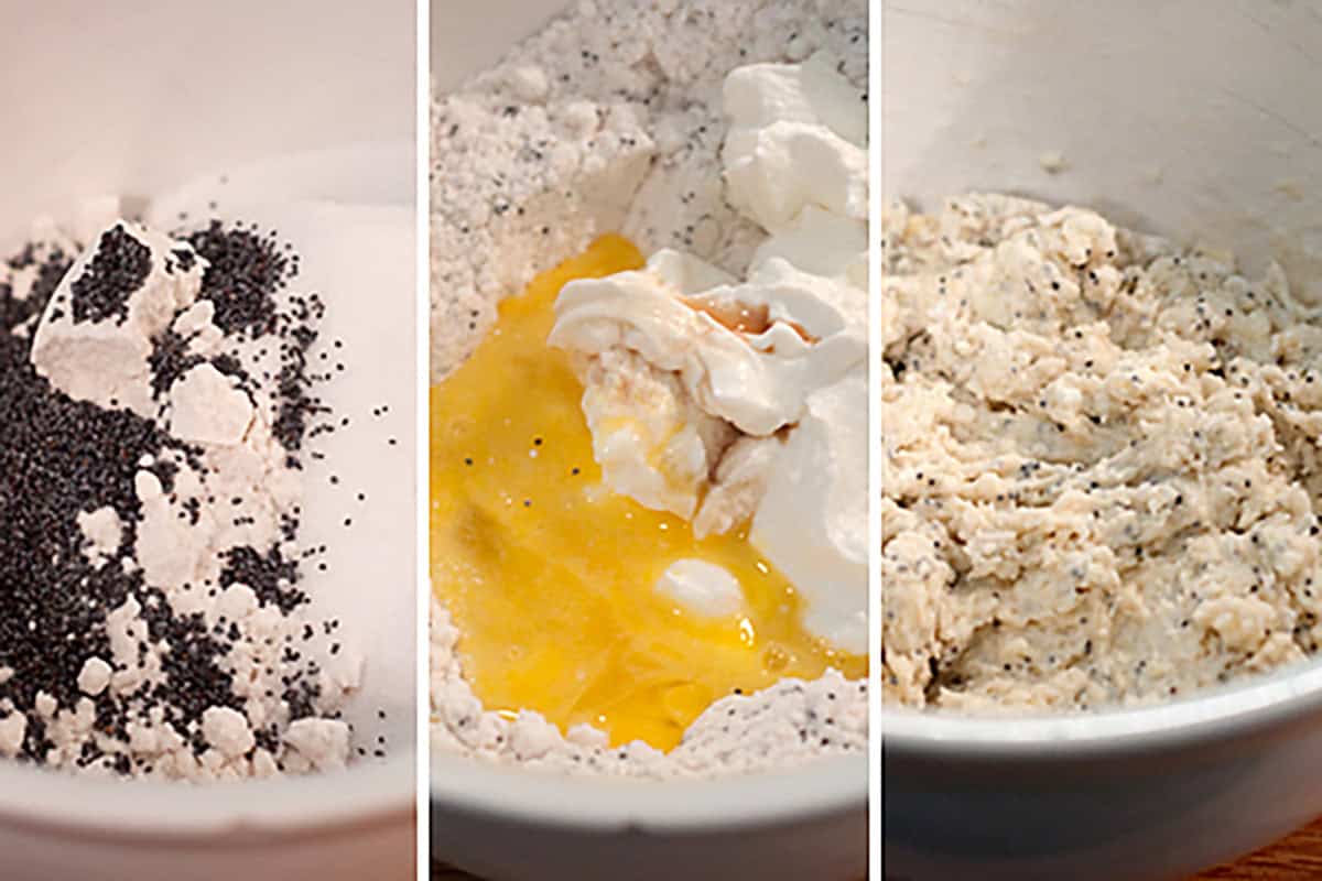 Three-panel image showing a mixing bowl with poppy seeds and flour, then with eggs and sour cream added, and finally a combined batter mixture.