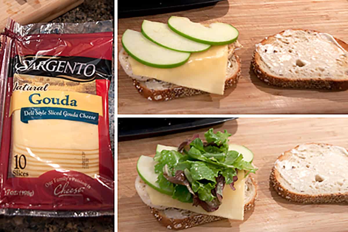 A package of Sargento Gouda cheese, slices of bread with cheese and apple slices, and a sandwich being assembled with added leafy greens on a wooden surface.
