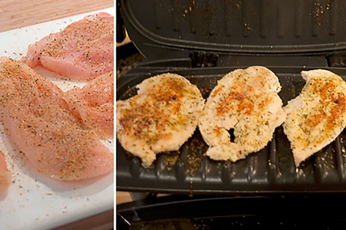 Raw seasoned chicken breasts are shown on a white cutting board on the left, while on the right, three seasoned chicken breasts are cooking on an electric grill with grill marks visible.