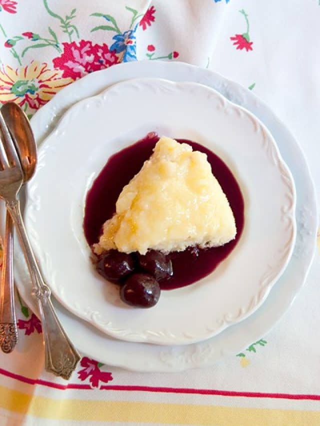 Lemon Pudding Cake with Cherry Coulis Story