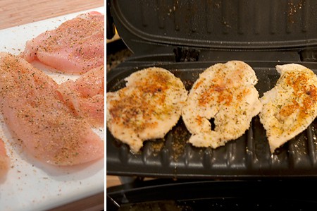 Pounded, seasoned chicken breasts (left); Chicken cooking on the grill (right).