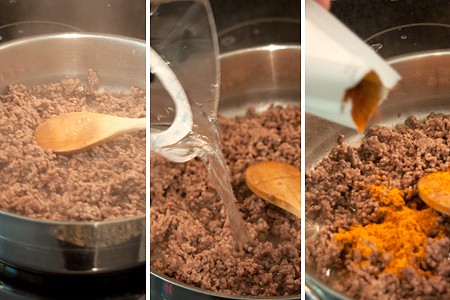 Cooking taco meat filling in a skillet.