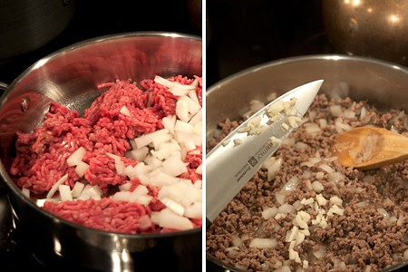Beef and onion cooking in a skillet.