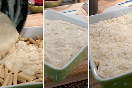 Pouring cheese sauce over the layered pastitsio in a baking dish.
