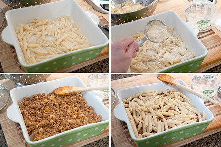 Assembling the pastitsio in a baking dish.