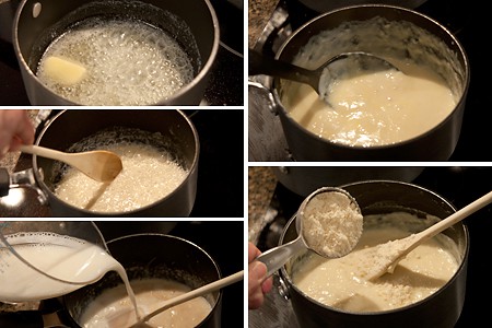 Photo collage showing the steps to make the cheese sauce.