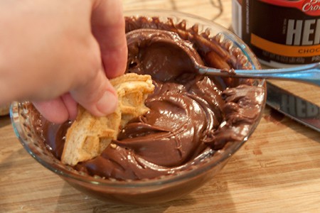Dip waffle shapes in chocolate-butter mixture