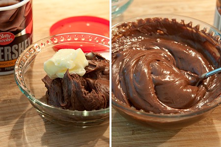 Combine chocolate and butter for Chocolate-Caramel Dipped Waffle Sticks